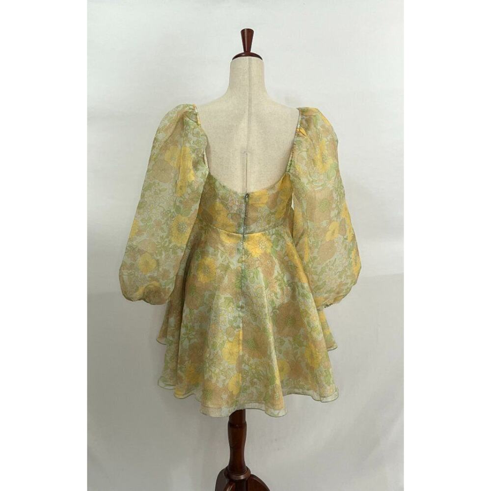 Selkie Pale Yellow & Mint Green Retro Floral Puff-Sleeve Mini Dress - Picture 6 of 12